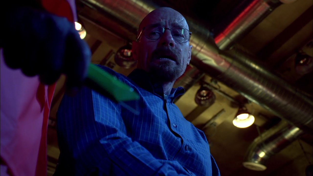 Walter White frightened, blue-green glow, box cutter scene