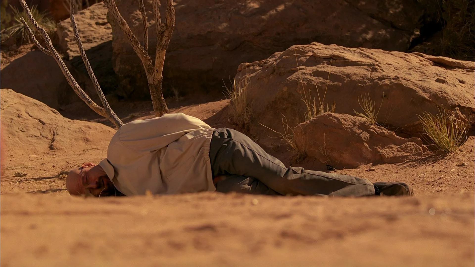Walter White lying in the desert sand — Ozymandias